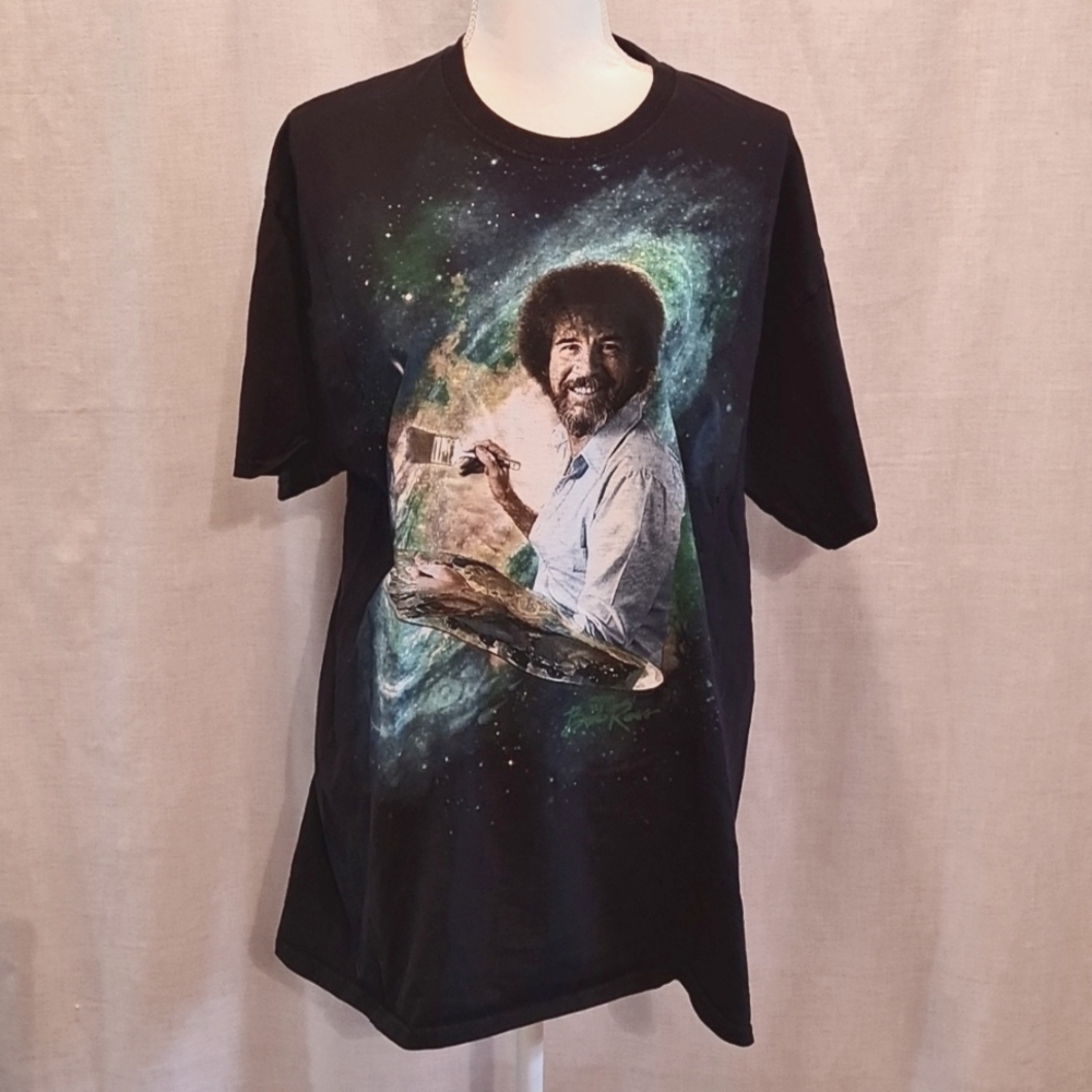 BOB ROSS tee XL, Good Used Condition, black/green, artist, paintbrush, happy,